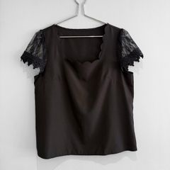 Pre Owned Black Scalloped Neckline Blouse with Lace Crochet Sleeves