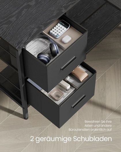 L-shaped desk with monitor stand and shelf