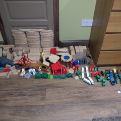 Large collection of wooden train tracks