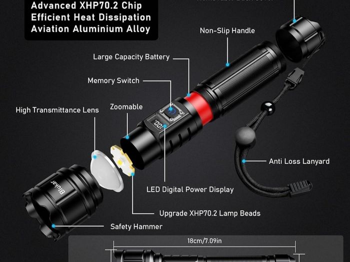 Torch Rechargeable, 500000 Lumens Torches LED Super Bright Flashlight, Adjustable Focus, 5 Modes, 5000 mAh Long Lasting, IP67 Waterproof, Smart Digital Display for Camping, Power Cuts,Emergency