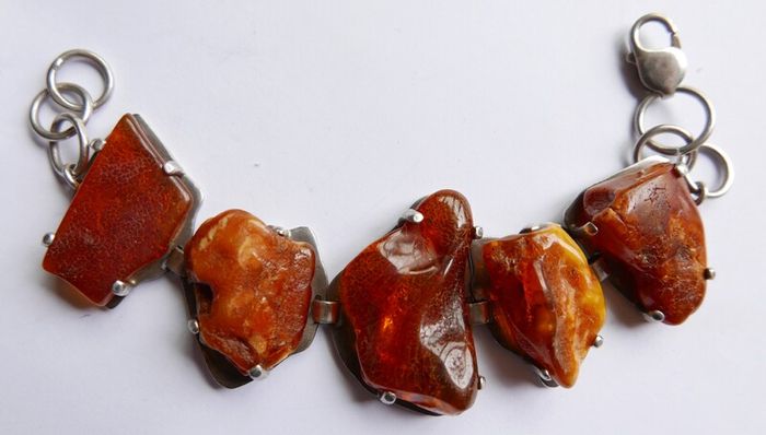 54.4gr giant UNIQUE Baltic Amber Bracelet, SET IN STERLING SILVER 925, Dark Honey Amber Chain and Link Bracelet with natural Inclusions