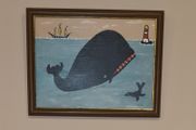 Original Contemporary Minimalist Niave Folk Nautical Whale theme Painting