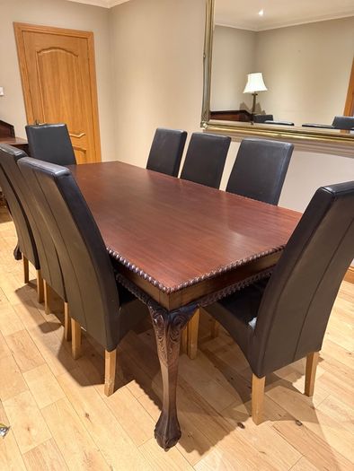Exquisite Hand-Carved Dining Table & 8 Leather Dining Chairs