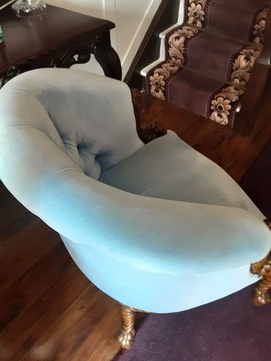 Pair of blue velvet buttoned armchairs with twisted wooden legs immaculate condition