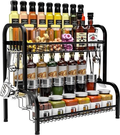 Black Spice Rack Organiser, 2 Tier Spices Organizers and Storage Racks, Spice Racks Free Standing for kitchen Countertop Organizer