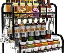 Black Spice Rack Organiser, 2 Tier Spices Organizers and Storage Racks, Spice Racks Free Standing for kitchen Countertop Organizer