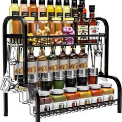 Black Spice Rack Organiser, 2 Tier Spices Organizers and Storage Racks, Spice Racks Free Standing for kitchen Countertop Organizer