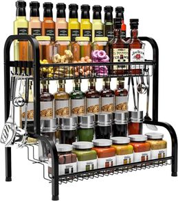 Black Spice Rack Organiser, 2 Tier Spices Organizers and Storage Racks, Spice Racks Free Standing for kitchen Countertop Organizer