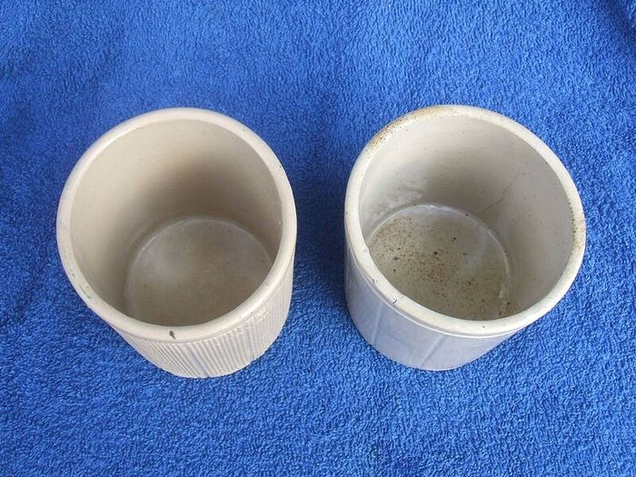 W. P. HARTLEY (jams, marmalades & jellies) - two antique stoneware jars, one with lighthouse imprint (c.1900)
