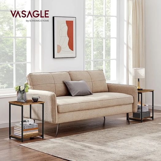 Set of 2 Side Tables, 2-Tier Sofa Side Tables, Bedside Tables with Steel Frames, for Living Room, Bedroom, Home Office, Industrial Style, Rustic Brown and Black