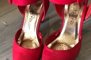 high heels ankle strapped red suede by mystify size 3
