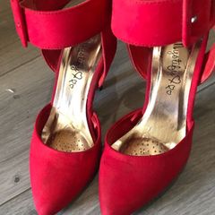 high heels ankle strapped red suede by mystify size 3