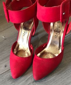 high heels ankle strapped red suede by mystify size 3