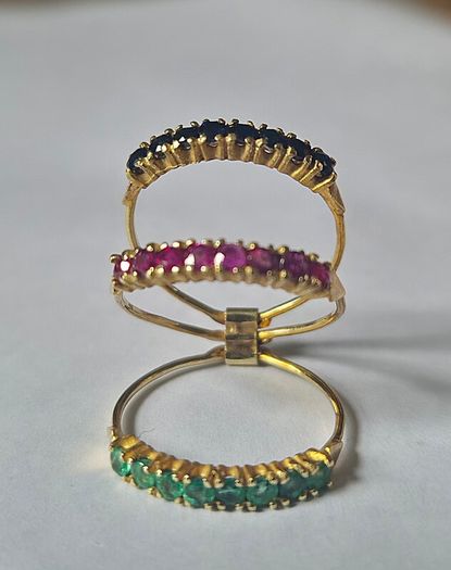 14ct Gold Sapphire, Ruby And Emerald, Harem Ring. High Quality Precious Stones.