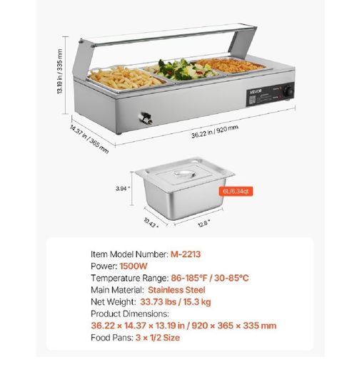 Buffet Food Warmer Stainless Steel 3 Pans with Glass Shield Commercial Countertop Bain Marie 220v
