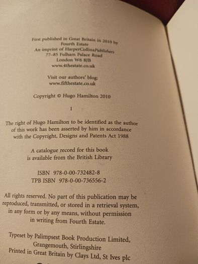 Hugo Hamilton/ Hand In The Fire/ Signed/ 2010
