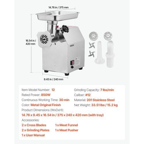 Commercial Electric Meat Grinder, 3.2 kg/min Capacity, #12 Industrial Meat Mincer with 2 Stainless Steel Blades, 2 Grinding Plates, 850W Heavy-Duty Sausage Maker, for Kitchen, Restaurant