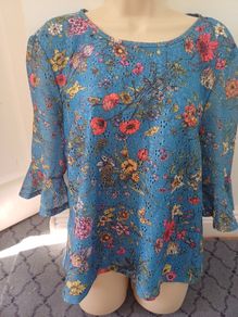 Oasis Blue 3/L Floral Blouse in Size L