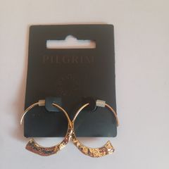 Pilgrim Danish Design Gold Tone Hammered Textured Open Hoop Earrings New CAN POST