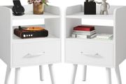Bedside Table Set of 2, Nightstand, Side Table, Wooden Sofa End Table with Fabric Drawer, Open Shelf, Solid Wood Legs, 39x29x63 cm, for Bedroom, Living Room, White