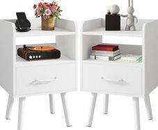 Bedside Table Set of 2, Nightstand, Side Table, Wooden Sofa End Table with Fabric Drawer, Open Shelf, Solid Wood Legs, 39x29x63 cm, for Bedroom, Living Room, White