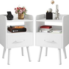 Bedside Table Set of 2, Nightstand, Side Table, Wooden Sofa End Table with Fabric Drawer, Open Shelf, Solid Wood Legs, 39x29x63 cm, for Bedroom, Living Room, White