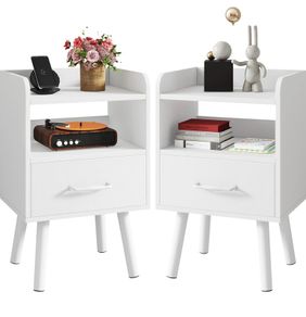 Bedside Table Set of 2, Nightstand, Side Table, Wooden Sofa End Table with Fabric Drawer, Open Shelf, Solid Wood Legs, 39x29x63 cm, for Bedroom, Living Room, White