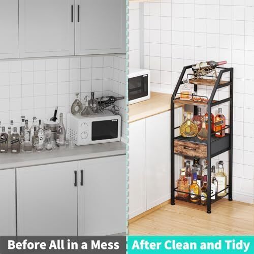 Wine Racks Free Standing- 4-Tier Stepped Drinks Cabinet Home Bar with Fabric Drawer, Wine Cabinet Wine & Glass Organizer, Bar Cabinets for Living Room, Kitchen, or Dining Room
