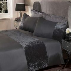 Crushed Velvet Band Duvet Set, Double Size, Charcoal Grey