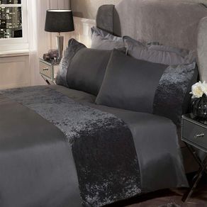 Crushed Velvet Band Duvet Set, Double Size, Charcoal Grey