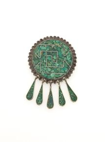Vintage Mexican Signed 925 Sterling Silver Turquoise Inlay Brooch