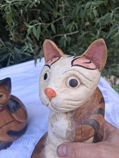 3 X Art Deco Handpainted Hardwood Cats