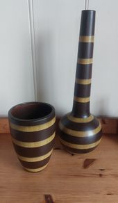 Fabulous Pair of Large Ceramic Vases in the Style of Wood, One Conical in Shape, the other Gourd-Shaped, Both in Excellent Condition