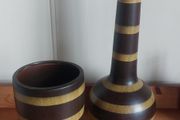 Fabulous Pair of Large Ceramic Vases in the Style of Wood, One Conical in Shape, the other Gourd-Shaped, Both in Excellent Condition