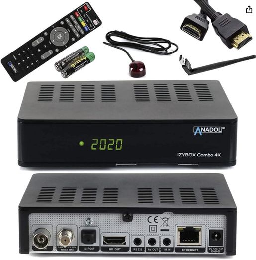 ANADOL IZYBOX 4K UHD Satellite Receiver 2160P - USB PVR Recording Function, Multistream, 2x USB, Astra Pre-Installed, Timeshift, Internet Radio, HDR + HDMI Cable + USB Wifi Stick