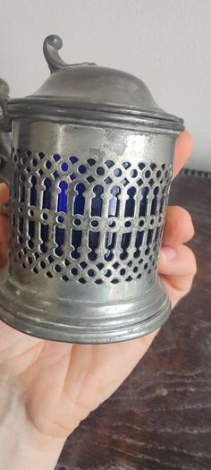 Pewter Condiment Set, blue glass and pewter design. mustard and salt