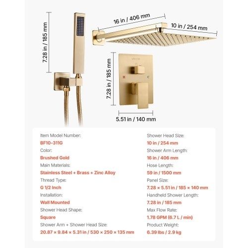 Shower Faucet Set, Rainfall Bathroom Shower System with 10-Inch (25.4cm) Square Rain Shower Head and Handheld Spray, Wall Mounted Bath Fixtures with Brass Valve and Trim Kit, Brushed Gold