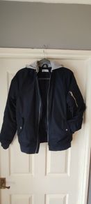Boys navy bomber jacket with detachable hood