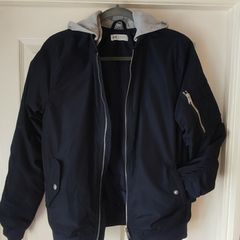 Boys navy bomber jacket with detachable hood