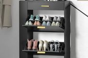 Wooden Shoe Storage Cabinet with 2 Flip Drawers and 3 Open Shelf Narrow Storage Unit with Anti-Tip Design for 12-16 Pairs Shoes, Slim Shoe Rack for Hallway 75 x 24 x 105 cm