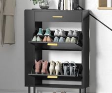 Wooden Shoe Storage Cabinet with 2 Flip Drawers and 3 Open Shelf Narrow Storage Unit with Anti-Tip Design for 12-16 Pairs Shoes, Slim Shoe Rack for Hallway 75 x 24 x 105 cm