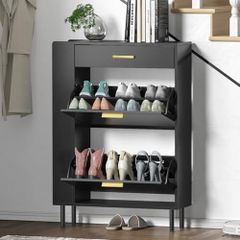 Wooden Shoe Storage Cabinet with 2 Flip Drawers and 3 Open Shelf Narrow Storage Unit with Anti-Tip Design for 12-16 Pairs Shoes, Slim Shoe Rack for Hallway 75 x 24 x 105 cm