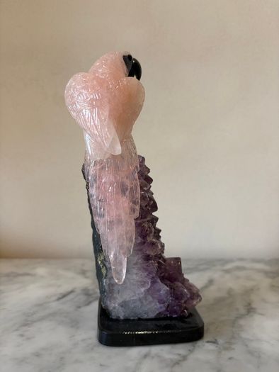 Rose Quartz Parrot on Large Amethyst Geode Cluster Base