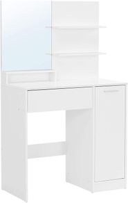 _dressing table with mirror, storage compartment, 1 drawer, 2 shelves, white