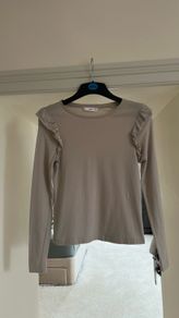 Mango Beige Long Sleeve Top with Ruffle Shoulders - Size XS