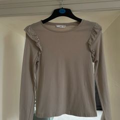 Mango Beige Long Sleeve Top with Ruffle Shoulders - Size XS
