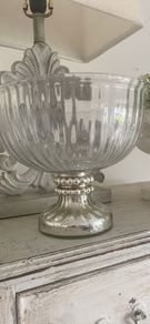 ShabbyChic Large ribbed glass bowl with vintage style crackle glass base stand..beautiful on it's own or filled