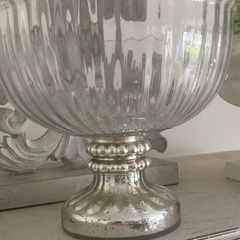 ShabbyChic Large ribbed glass bowl with vintage style crackle glass base stand..beautiful on it's own or filled
