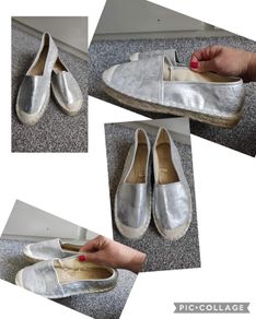 Silver flats size 8, but its more like 7.5 in my opinion. Tried once , so like New.