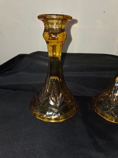 Pair of Art Deco Amber Glass Candleholders